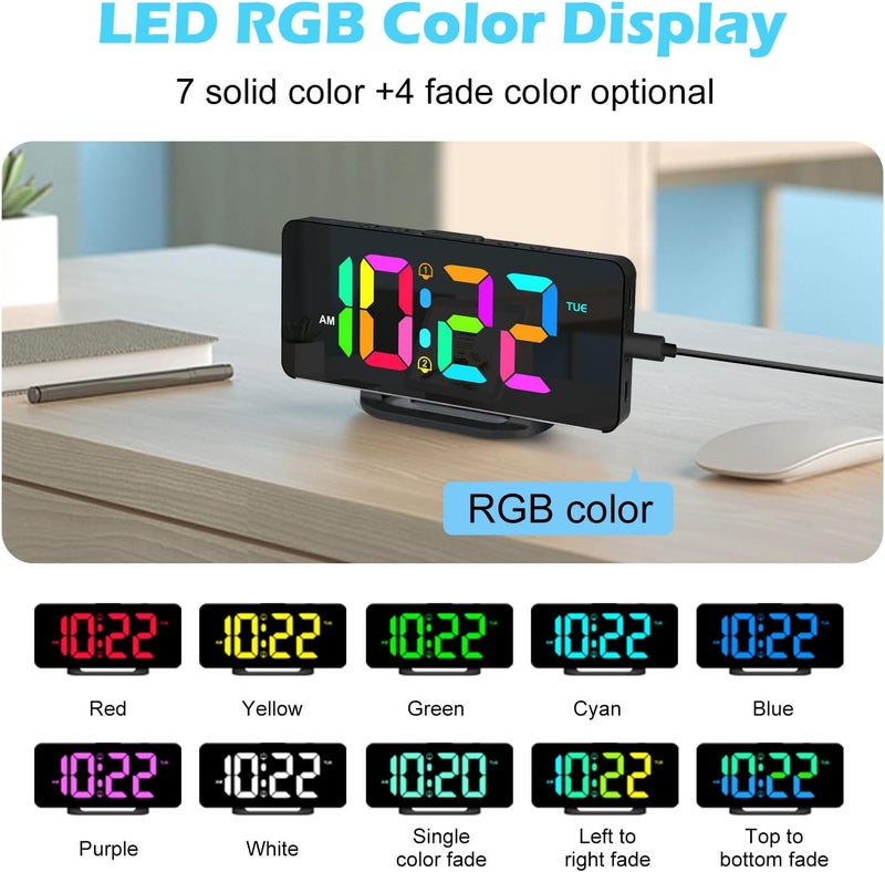 ALANAS RGB Digital Alarm Clock, Color Changing Mood Light with 10 Colors, Dual Alarm with Snooze, Dimmable Display, USB Charger, Adjustable Volume, Plug in, Bedroom Desk Clock for Teens, Adults - Image 3